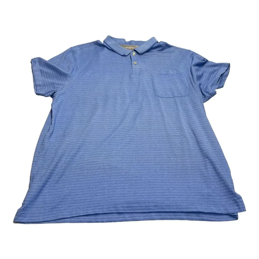 Van Heusen Flex Polo Shirt Men's XL Blue Striped Pockets Short Sleeve Collared - Picture 1 of 6